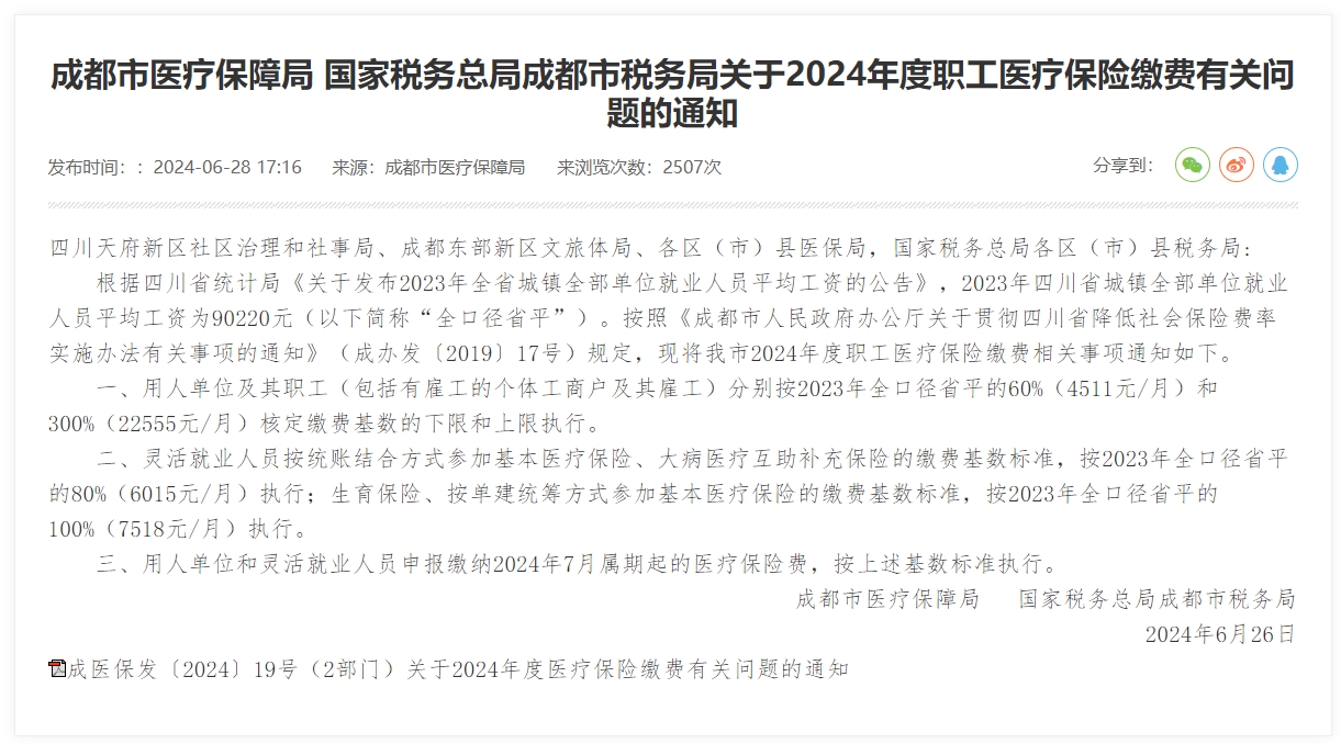 成都最新醫保繳費基數出爐！ 第1張